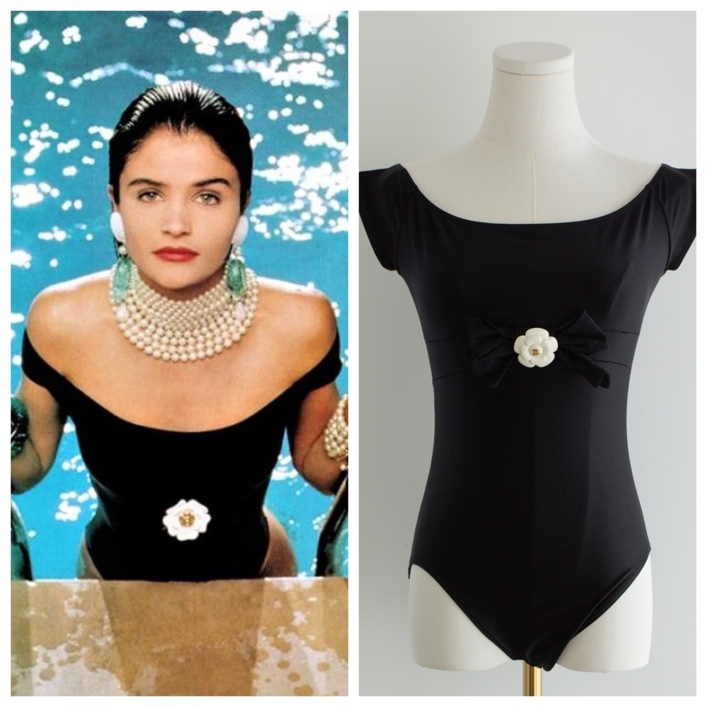 Chanel Vintage S/S1990 Black White Camellia Flower Bow Bodysuit Swimsuit